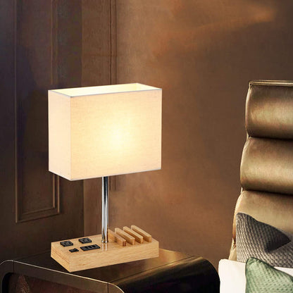 Professional Desk Lamp with 3 USB Charging Ports, 2 AC Outlets, and 3 Phone Stands, Featuring a Natural Wooden Base and Cream Linen Shade for Nightstand or Bedside Use