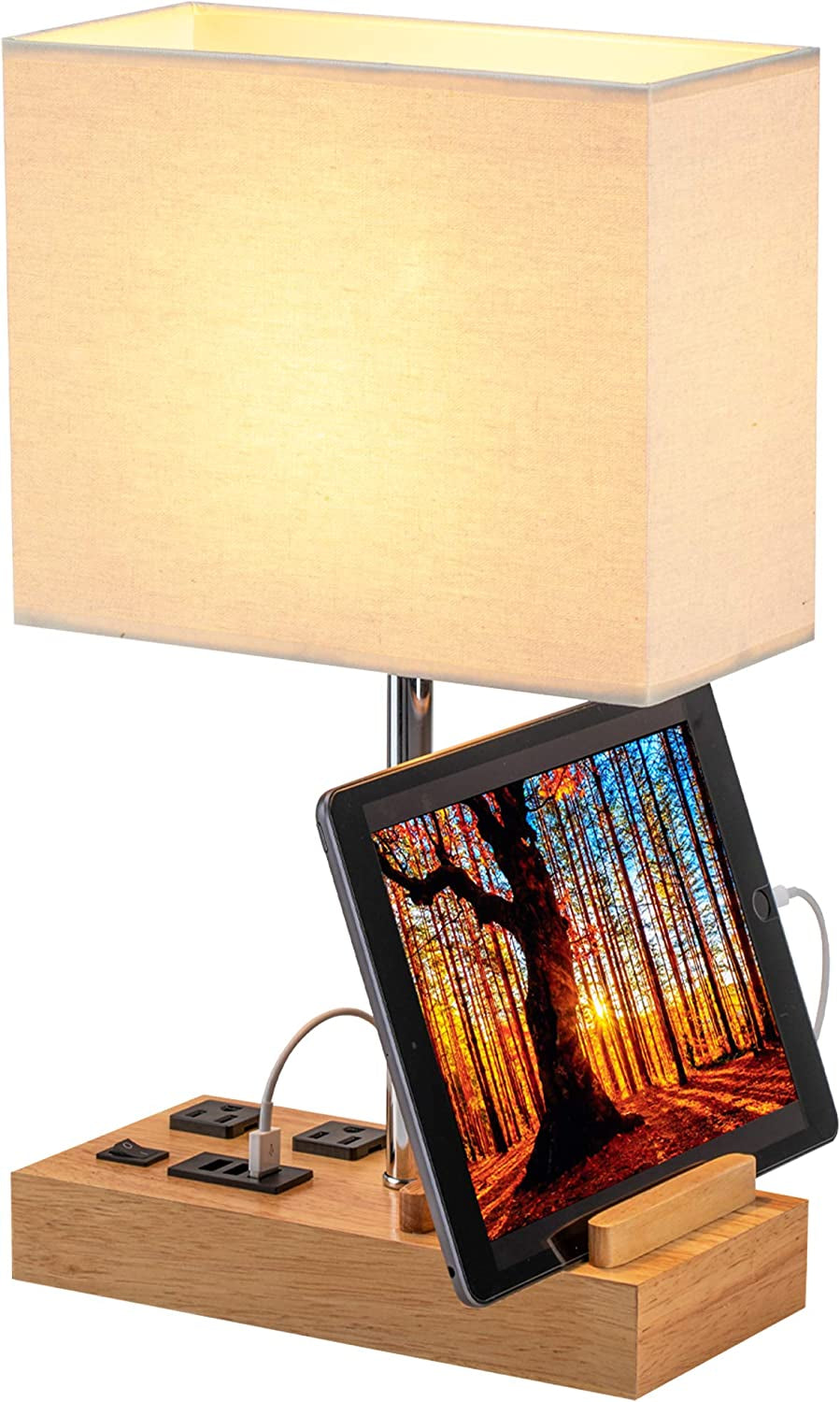 Professional Desk Lamp with 3 USB Charging Ports, 2 AC Outlets, and 3 Phone Stands, Featuring a Natural Wooden Base and Cream Linen Shade for Nightstand or Bedside Use