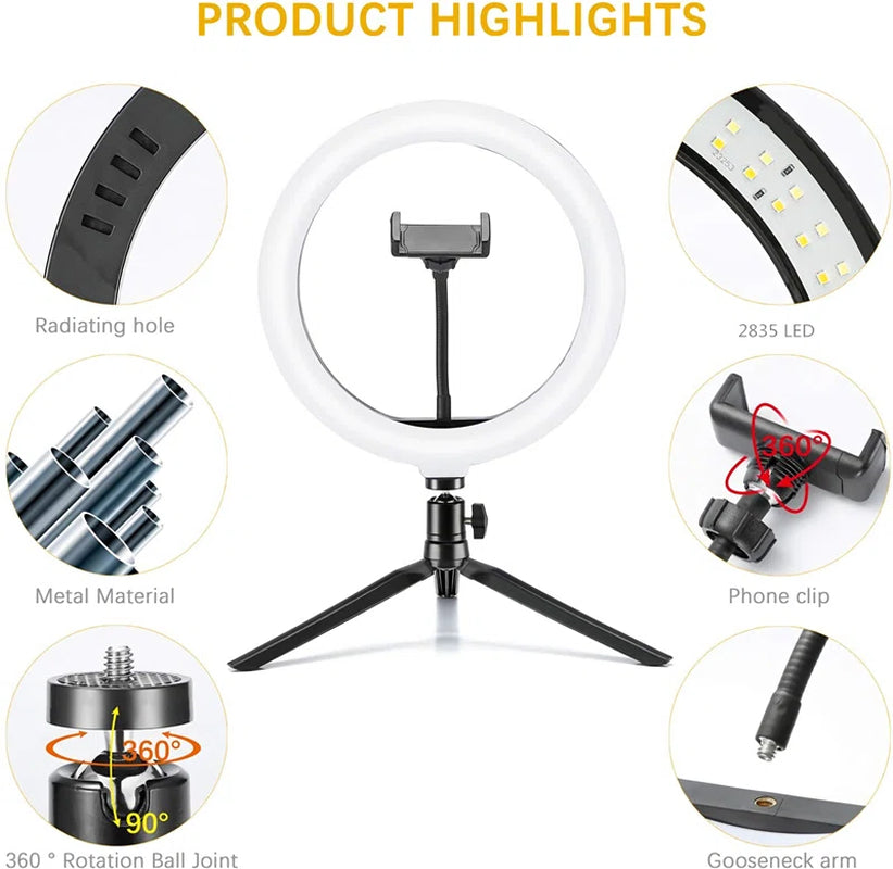 Dimmable 10" Ring Light with Adjustable Tripod & Cellphone Holder for Perfect Lighting