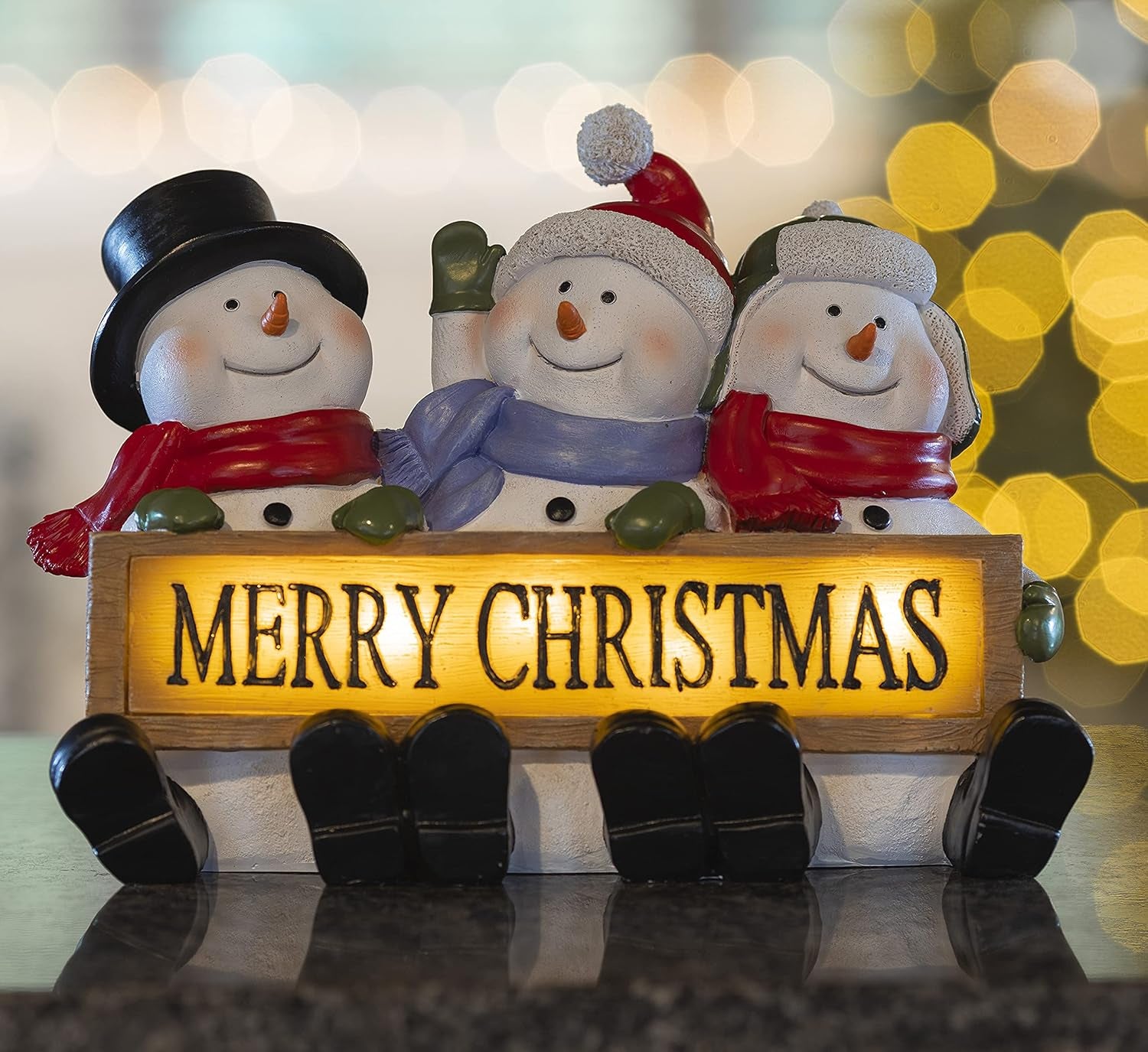 Glowing Merry Christmas Sign Trio LED Snowman Decor Christmas Figurines Resin Lighted Snowman Decorations Holiday Light up Snowman Indoor Festive Fiber Optic Decorations