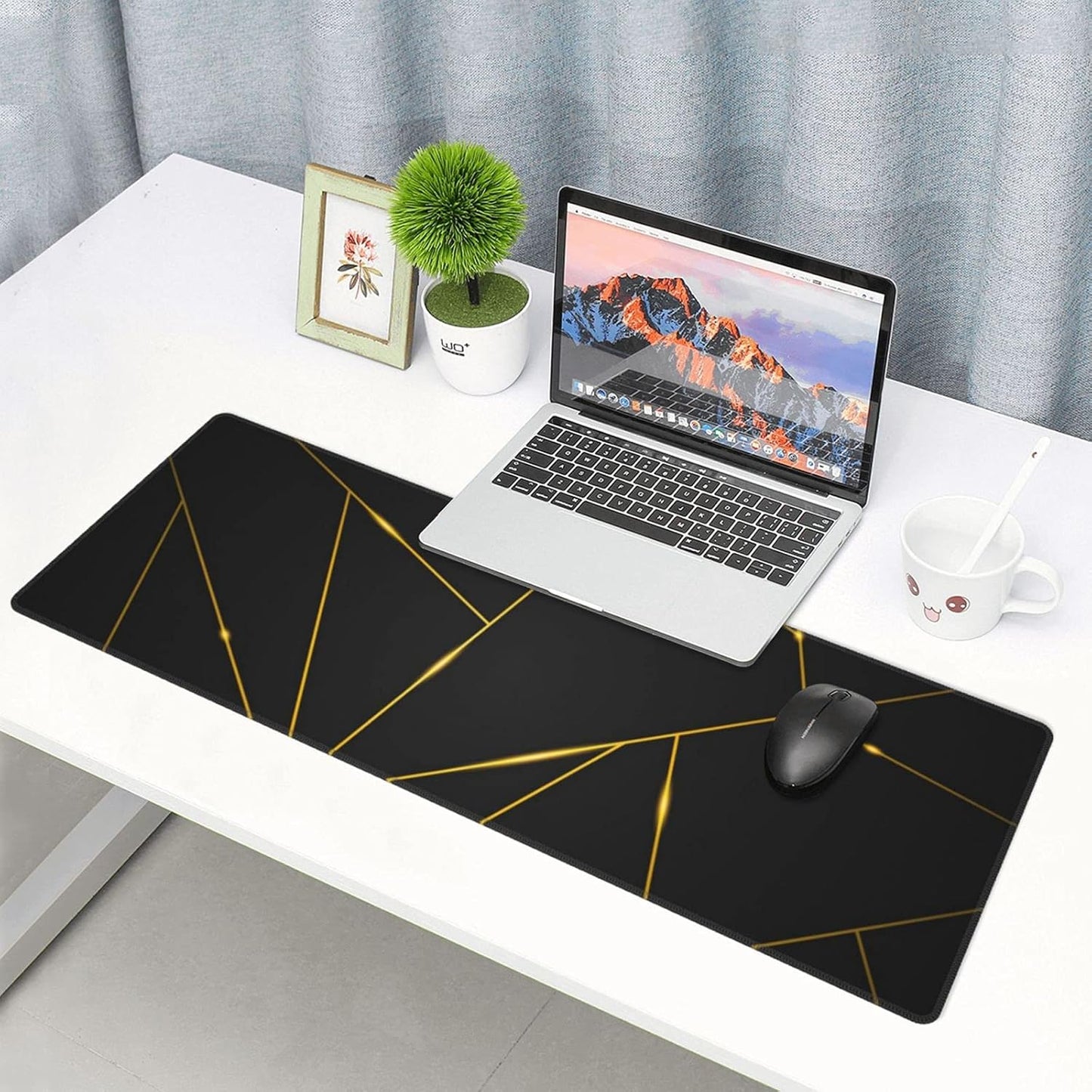 Extra Large Gaming Mouse Pad - 31.5"x11.8" Waterproof Black Geometric Design with Stitched Edges, Non-Slip Rubber Base for Ultimate Comfort in Gaming and Work