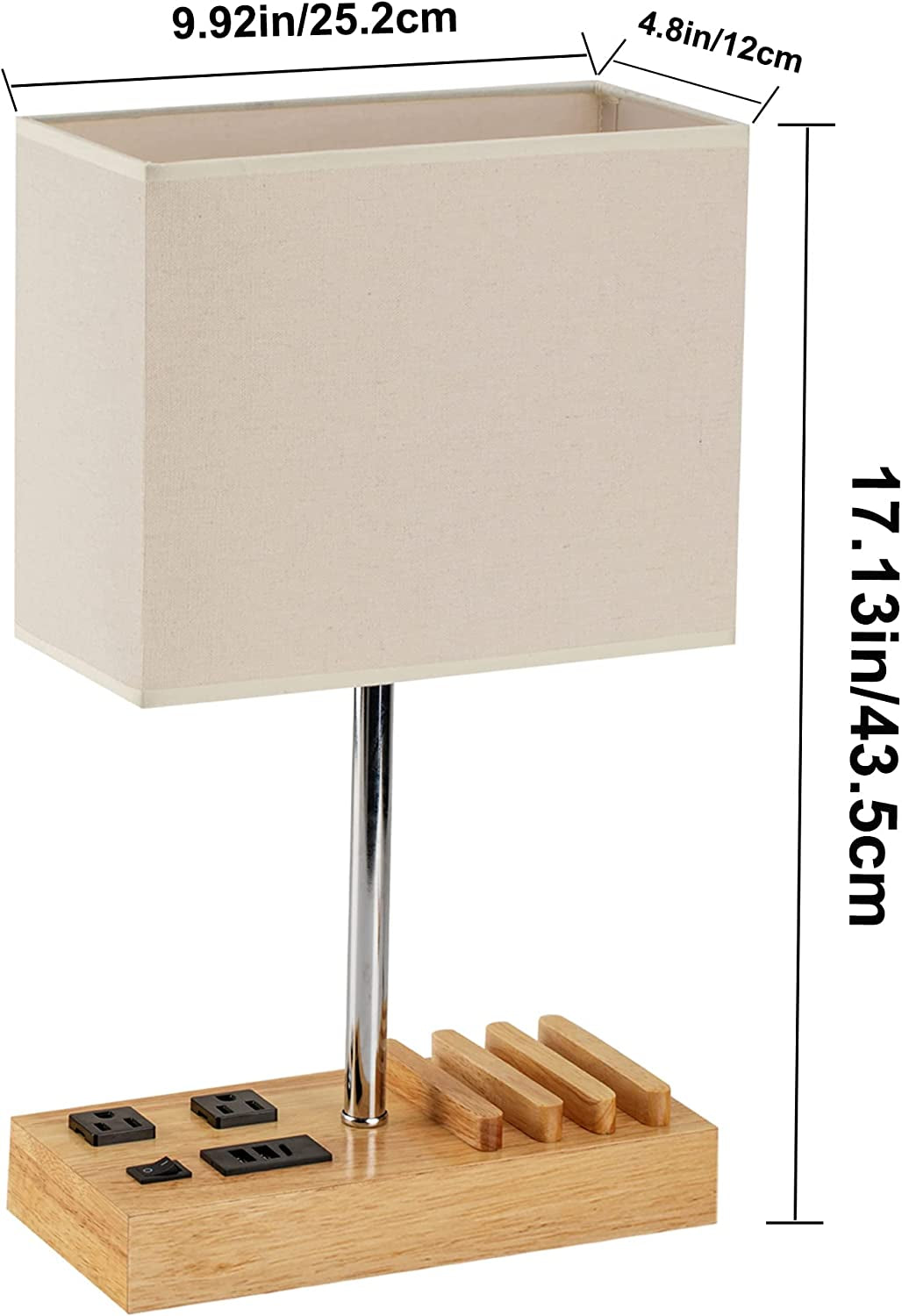 Professional Desk Lamp with 3 USB Charging Ports, 2 AC Outlets, and 3 Phone Stands, Featuring a Natural Wooden Base and Cream Linen Shade for Nightstand or Bedside Use