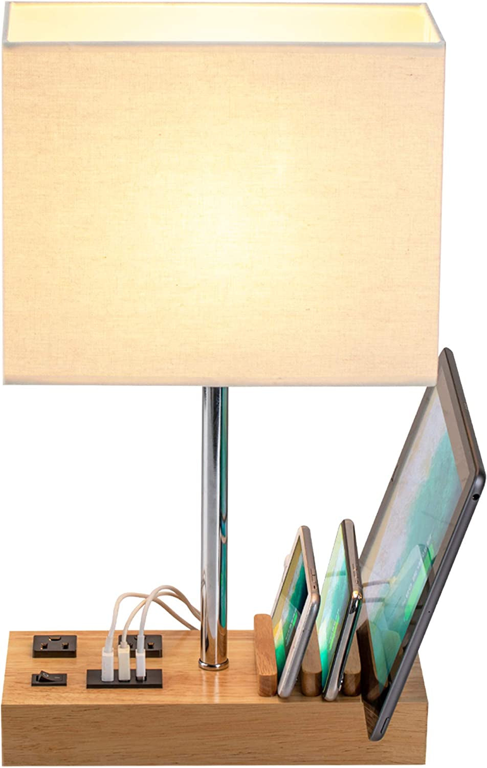 Professional Desk Lamp with 3 USB Charging Ports, 2 AC Outlets, and 3 Phone Stands, Featuring a Natural Wooden Base and Cream Linen Shade for Nightstand or Bedside Use