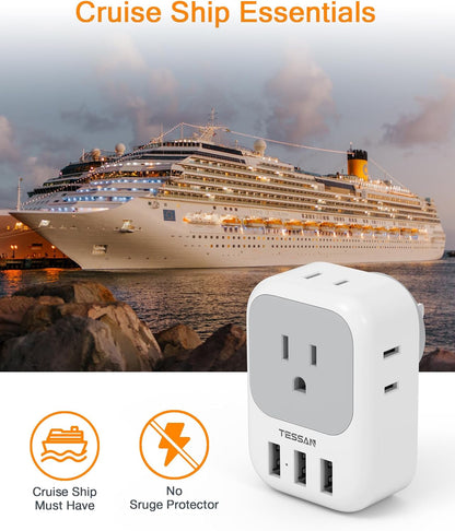 USB Charger Block with 3 USB Ports and 4 Outlet Splitter - Multi-Plug Wall Adapter for Travel, Office, and Dorm Use