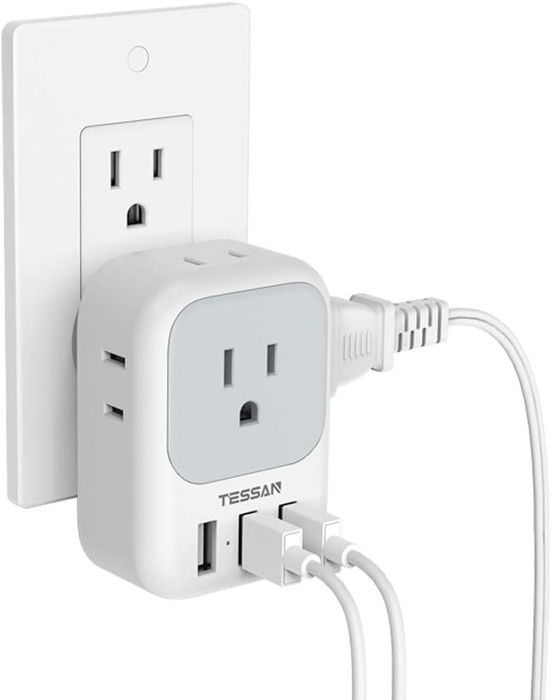 USB Charger Block with 3 USB Ports and 4 Outlet Splitter - Multi-Plug Wall Adapter for Travel, Office, and Dorm Use