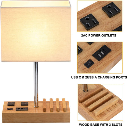 Professional Desk Lamp with 3 USB Charging Ports, 2 AC Outlets, and 3 Phone Stands, Featuring a Natural Wooden Base and Cream Linen Shade for Nightstand or Bedside Use