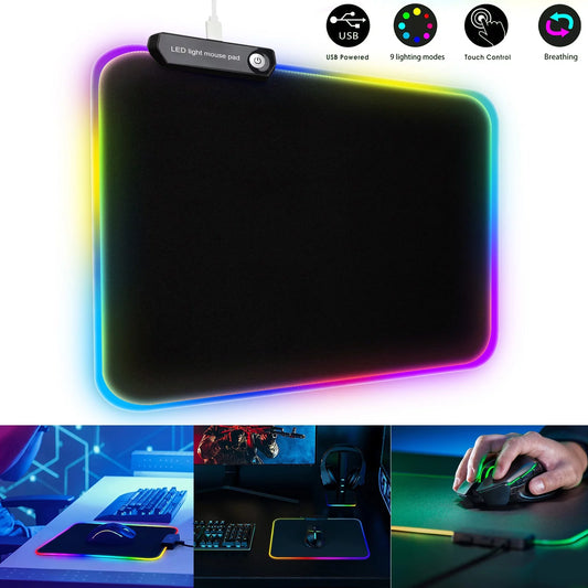 RGB Extended Gaming Mouse Pad - Oversized LED Keyboard Mat with 9 Lighting Modes, Anti-Slip Waterproof Design, 9.8x11.8 Inch, Black