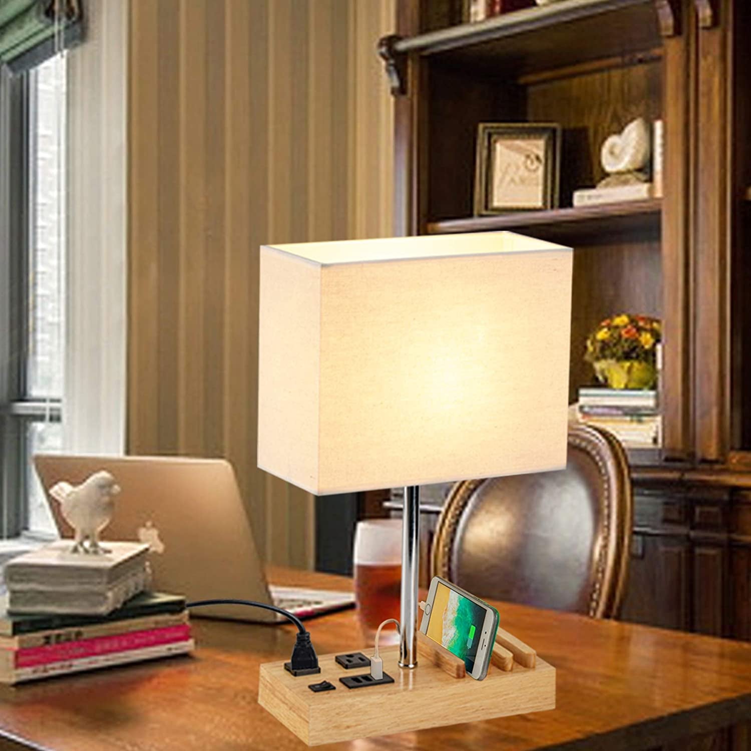 Professional Desk Lamp with 3 USB Charging Ports, 2 AC Outlets, and 3 Phone Stands, Featuring a Natural Wooden Base and Cream Linen Shade for Nightstand or Bedside Use