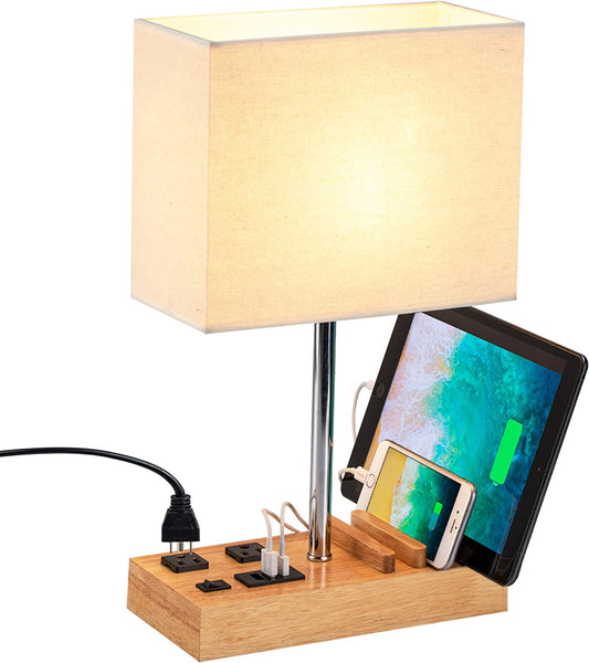 Professional Desk Lamp with 3 USB Charging Ports, 2 AC Outlets, and 3 Phone Stands, Featuring a Natural Wooden Base and Cream Linen Shade for Nightstand or Bedside Use