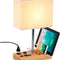 Professional Desk Lamp with 3 USB Charging Ports, 2 AC Outlets, and 3 Phone Stands, Featuring a Natural Wooden Base and Cream Linen Shade for Nightstand or Bedside Use