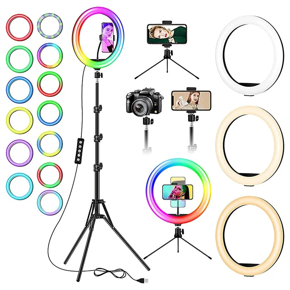 13" RGB Selfie Ring Light with Tripod & Phone Holder - 26 Modes, 10 Brightness Levels, 120 Dimmable LED Bulbs for Live Streaming, Makeup, YouTube Videos, and Photography