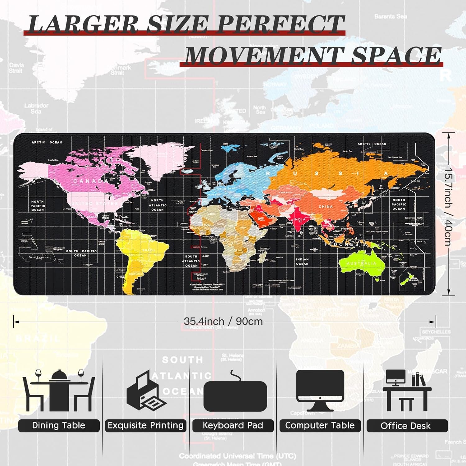 Ultimate XXL Gaming Mouse Pad - 35.4"x15.7" Non-Slip Waterproof World Map Design, Perfect for Gamers, Home & Office Use