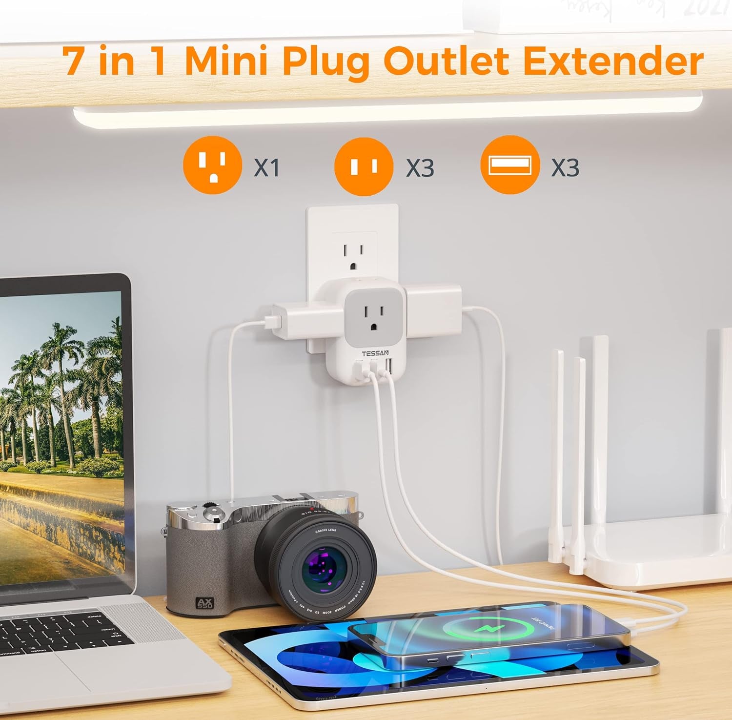 USB Charger Block with 3 USB Ports and 4 Outlet Splitter - Multi-Plug Wall Adapter for Travel, Office, and Dorm Use