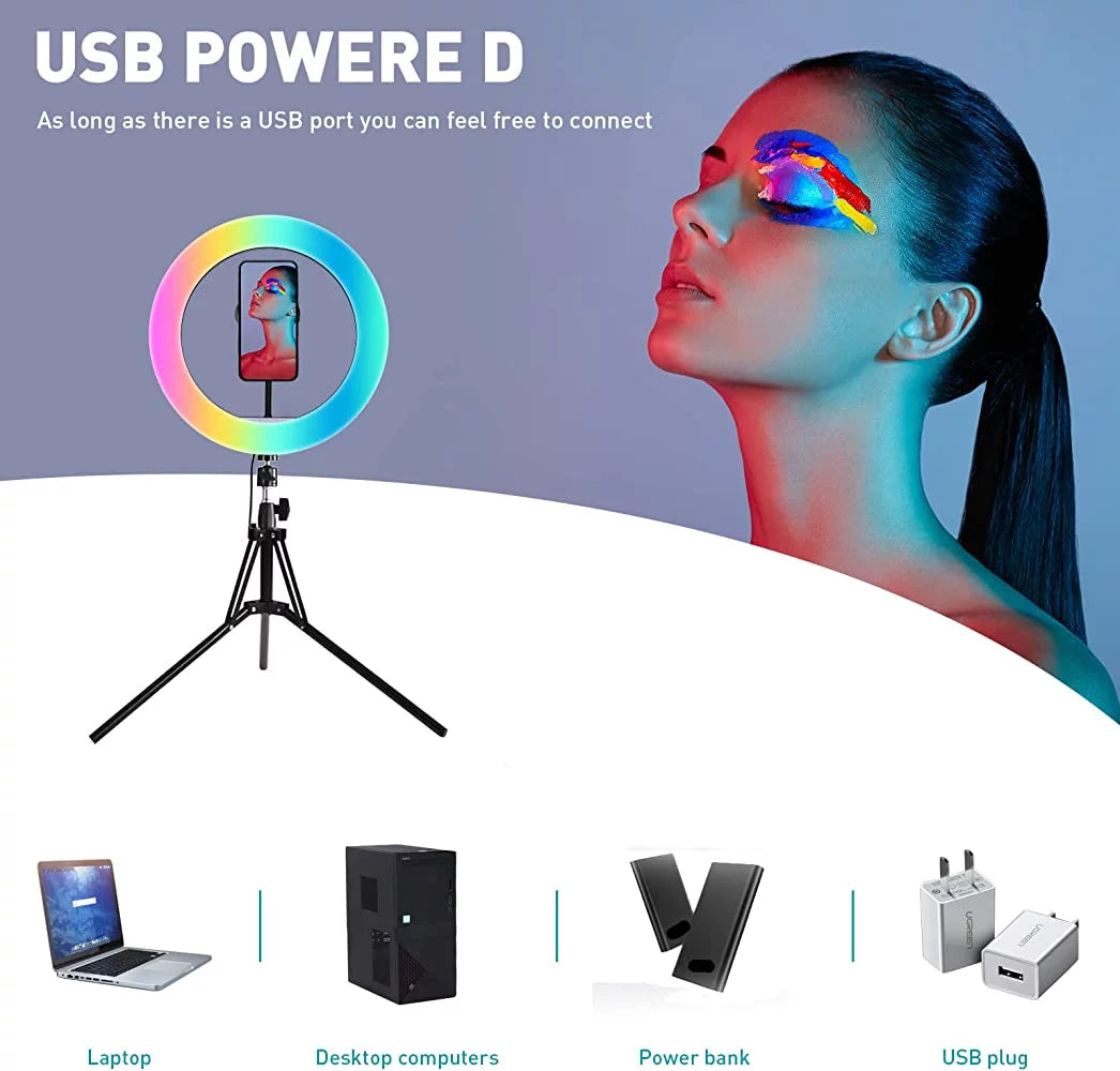 13" RGB Selfie Ring Light with Tripod & Phone Holder - 26 Modes, 10 Brightness Levels, 120 Dimmable LED Bulbs for Live Streaming, Makeup, YouTube Videos, and Photography